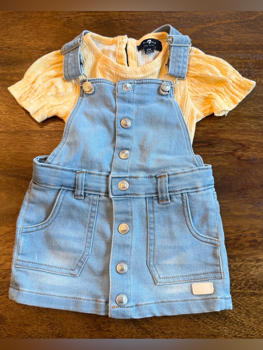 7 For All Mankind Light Blue Denim Overall Dress with Yellow Tee